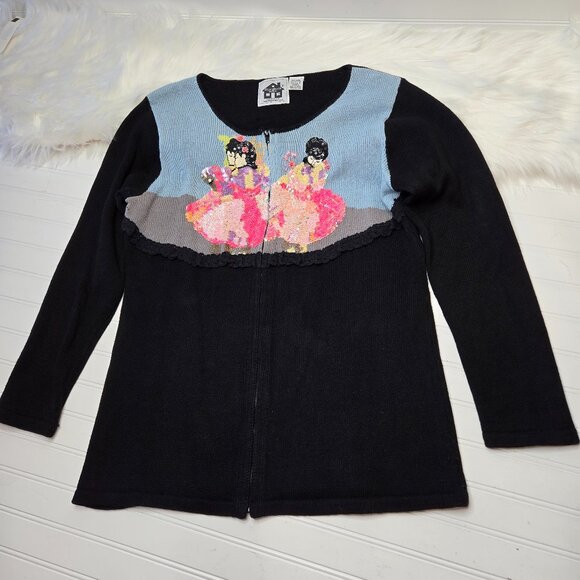 STORYBOOK KNITS Flamenco Dancers In Pink Cardigan Size L Women's Sequin Sweater - Picture 1 of 10